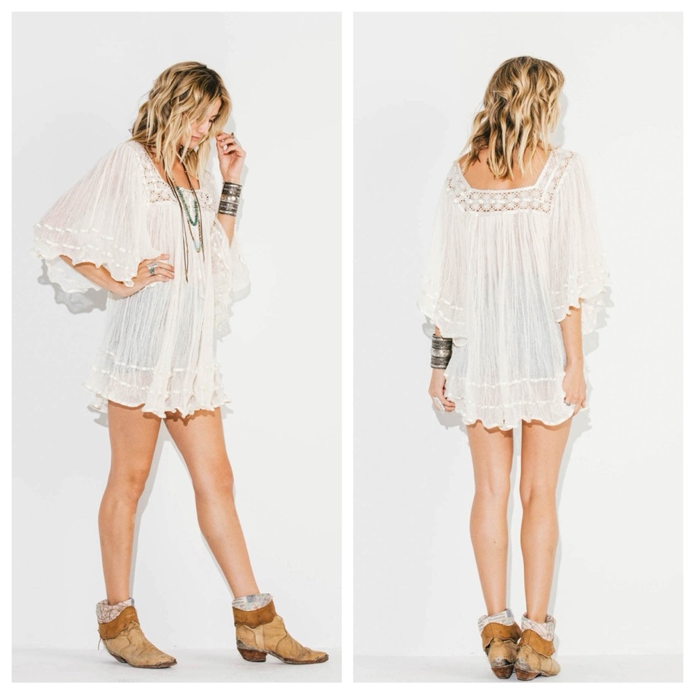 White Cotton Gauze Micro Mini Dress Vintage Mexican Crochet Kimono